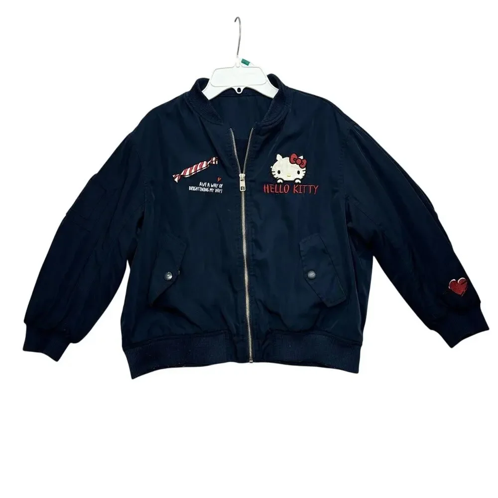 Sanrio Miniso Hello Kitty Bomber Jacket Girls Kids 7-8 Navy Full Zip Embroidered